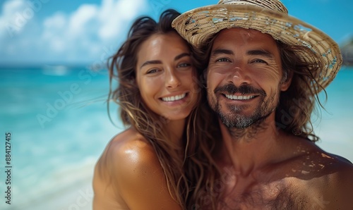 A happy couple on vacation smiles at the camera in this self-portrait. photo