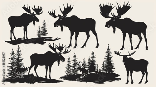 This image presents silhouettes of moose set against a backdrop of trees and natural scenery, capturing the majestic essence of these wild animals in their habitat. photo