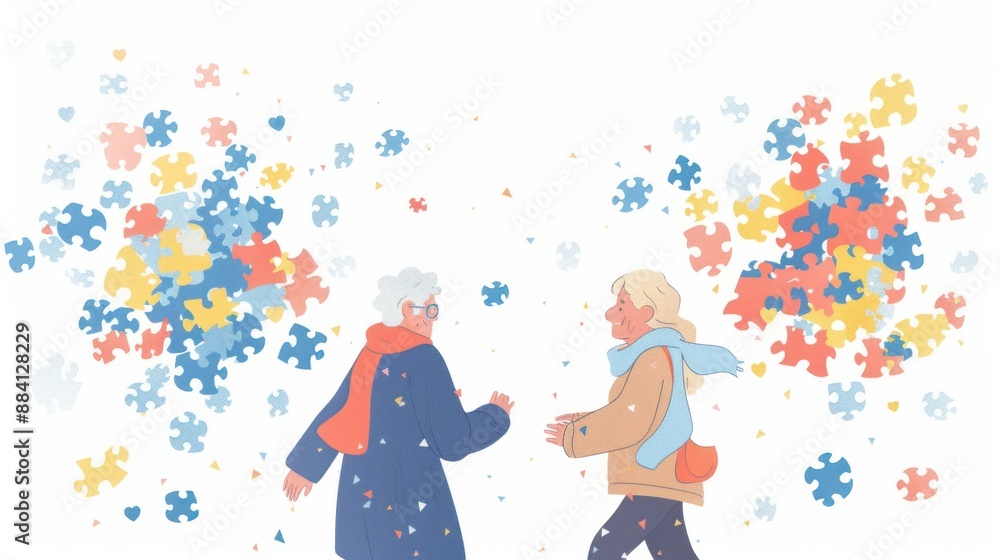 Two Women Walking with Puzzle Pieces Two Women Walking with Puzzle Pieces