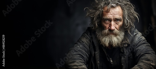 Old homeless poor man with beards sitting on a black background