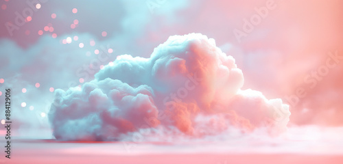 Hyper realistic white fluffy cloud on a soft pink background, illuminated by pink and blue lights, creating a serene and dreamy atmosphere photo