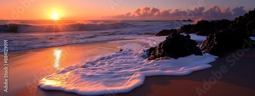  The sun sets over the ocean, waves crash against the shore, and rocks dot the foreground