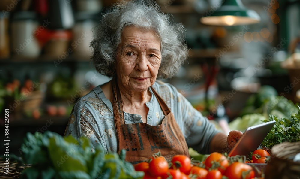 Senior woman cooking vegetables at home while reading a recipe on a tablet, showcasing the use of technology among older adults in the kitchen. Senior woman cooking vegetables at home while reading a recipe on a tablet, showcasing the use of technology among older adults in the kitchen.