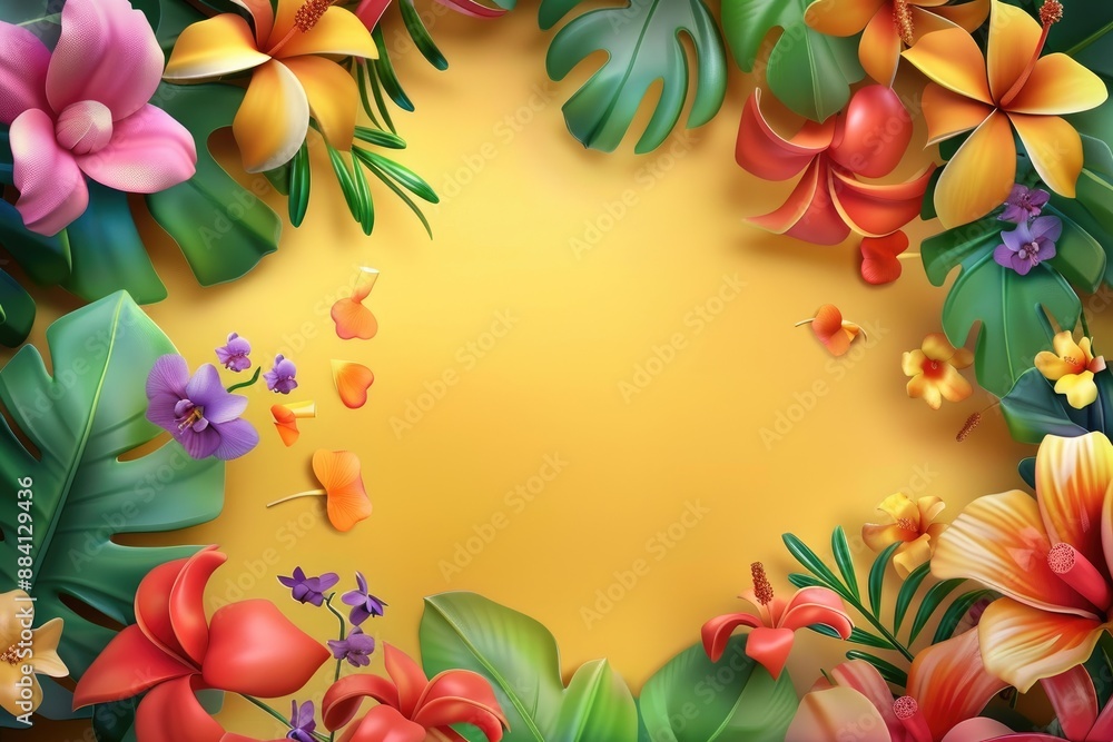 Vibrant tropical flowers and leaves create a lush summery background Vibrant tropical flowers and leaves create a lush summery background