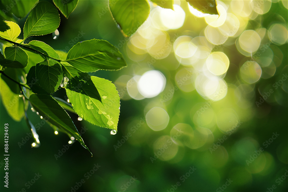 A green natural background with a bokeh effect, soft sunshine, soft focus on the leaves of trees in spring or summer, and light bubbles sparkle in the sky. A green natural background with a bokeh effect, soft sunshine, soft focus on the leaves of trees in spring or summer, and light bubbles sparkle in the sky.
