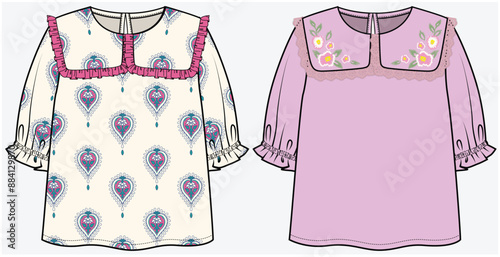 SAILOR COLLAR WOVEN TOP WITH ELBOW PUFF SLEEVES DETAIL DESIGNED FOR TODDLER GIRL AND KID GIRL IN VECTOR