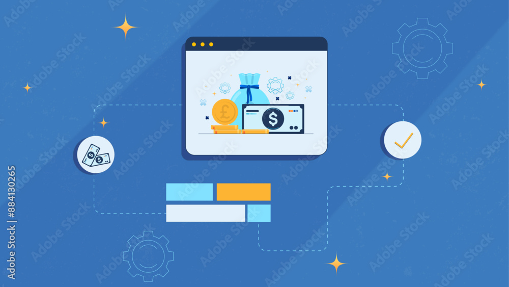 Flat vector illustration of a financial dashboard with currency symbols, depicting investment, savings growth, and budget management concepts. Flat vector illustration of a financial dashboard with currency symbols, depicting investment, savings growth, and budget management concepts.