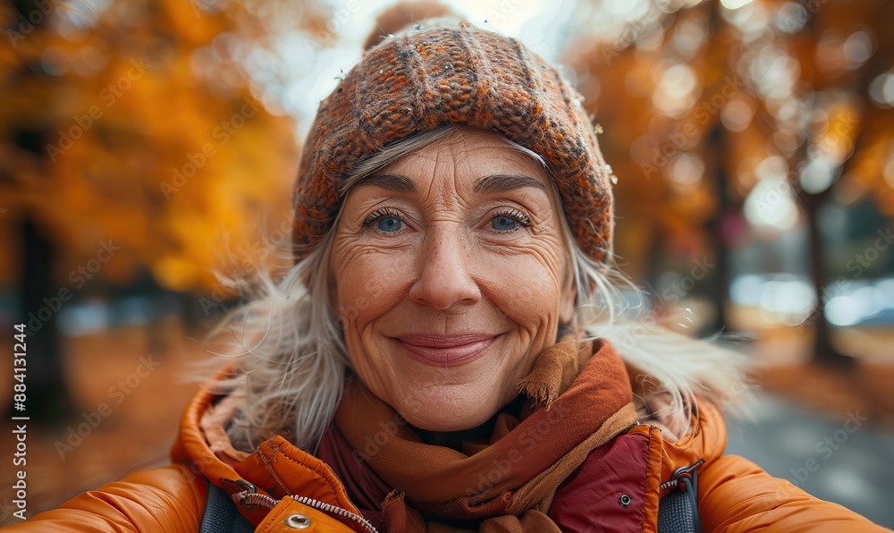 A senior woman enjoys her fitness routine outdoors, capturing the moment with a selfie portrait, embodying the concept of healthy aging and exercise for senior people. A senior woman enjoys her fitness routine outdoors, capturing the moment with a selfie portrait, embodying the concept of healthy aging and exercise for senior people.