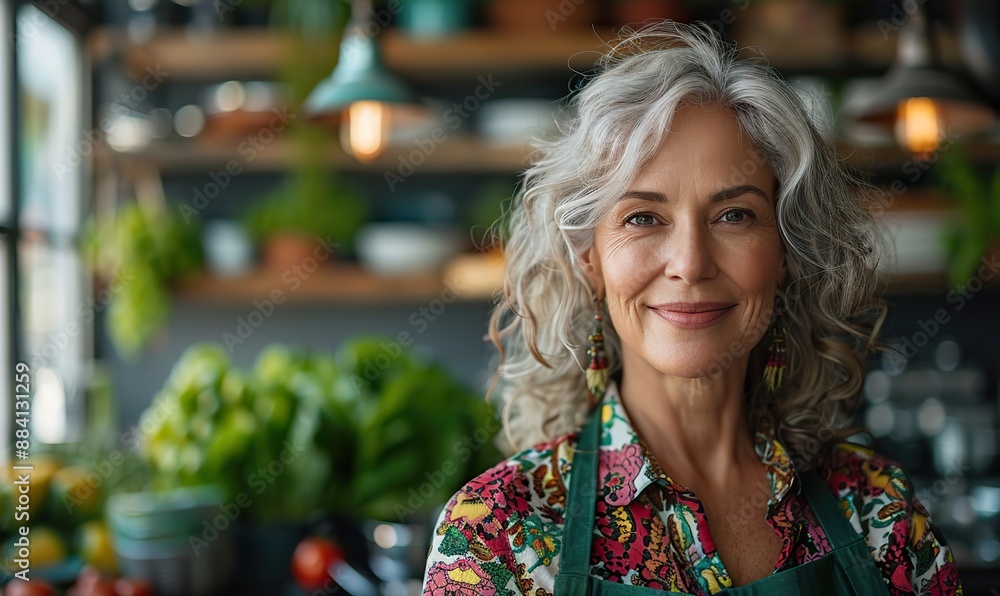 In her kitchen, a senior woman cooks vegetables while using a tablet recipe and taking a selfie. In her kitchen, a senior woman cooks vegetables while using a tablet recipe and taking a selfie.