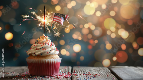Patriotic Cupcake with Sparkler and American Flag.