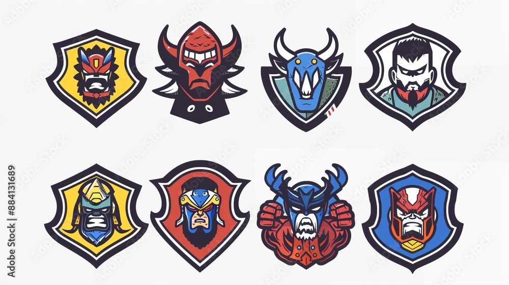 A collection of eight cartoon character emblems with various designs and colors, each showcasing unique styles from heroic warriors to mystical creatures. A collection of eight cartoon character emblems with various designs and colors, each showcasing unique styles from heroic warriors to mystical creatures.