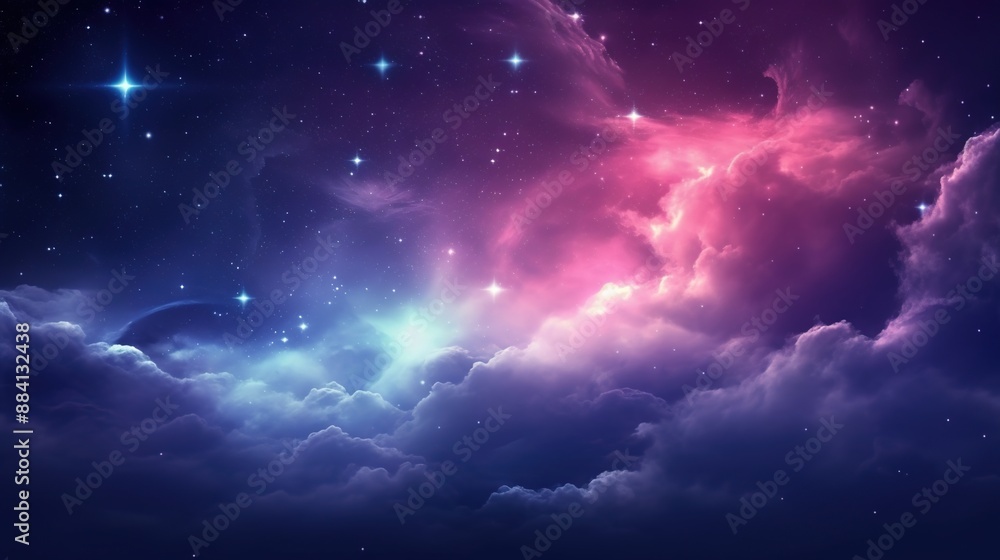Fototapeta premium A digital art of colorful nebula clouds in the night sky, with stars twinkling around them. 