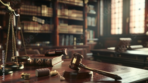 A setting showing a gavel and scales of justice in a sophisticated legal library environment, representing the core elements of the judicial system and law practices.