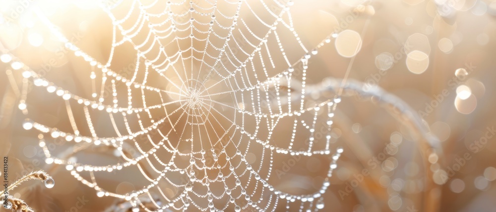 A tight shot of a spider web, adorned with dewdrops in the foreground A tight shot of a spider web, adorned with dewdrops in the foreground