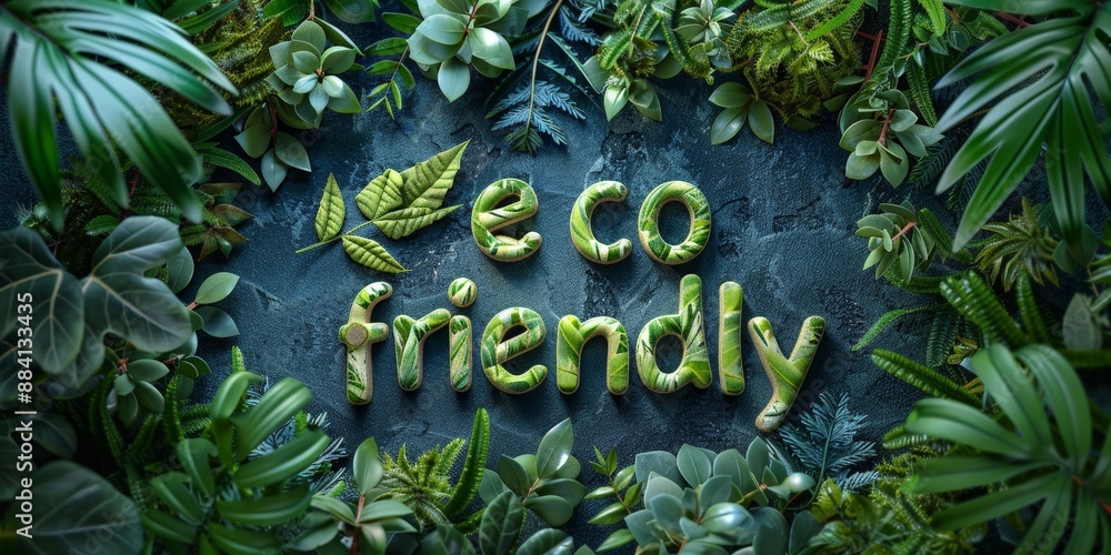 Fototapeta premium An eco friendly sign made of green foliage surrounded by lush plants.