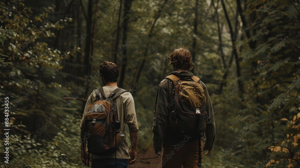 Two Hikers With Backpacks Walking Through Dense Forest on Cloudy Day Two Hikers With Backpacks Walking Through Dense Forest on Cloudy Day