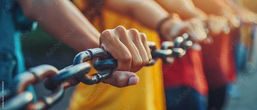 A group of people stand next to one another, gripping the handles of a metal bar A padlock secures it A group of people stand next to one another, gripping the handles of a metal bar A padlock secures it