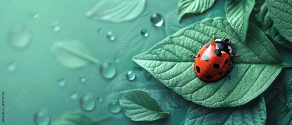 A ladybug perches on a verdant leaf, surrounded by water droplets in the background A ladybug perches on a verdant leaf, surrounded by water droplets in the background