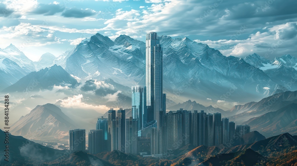 Fototapeta premium A Modern City Rises Below Majestic Snow-Capped Mountains