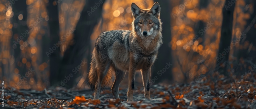 A wolf posed in a forest, surrounded by fallen leaves, as the sun filtered through the tree canopy A wolf posed in a forest, surrounded by fallen leaves, as the sun filtered through the tree canopy