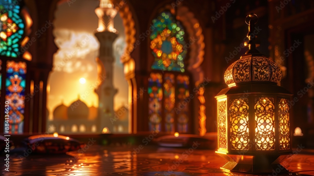 Golden Ramadan Lantern and Mosque View Golden Ramadan Lantern and Mosque View