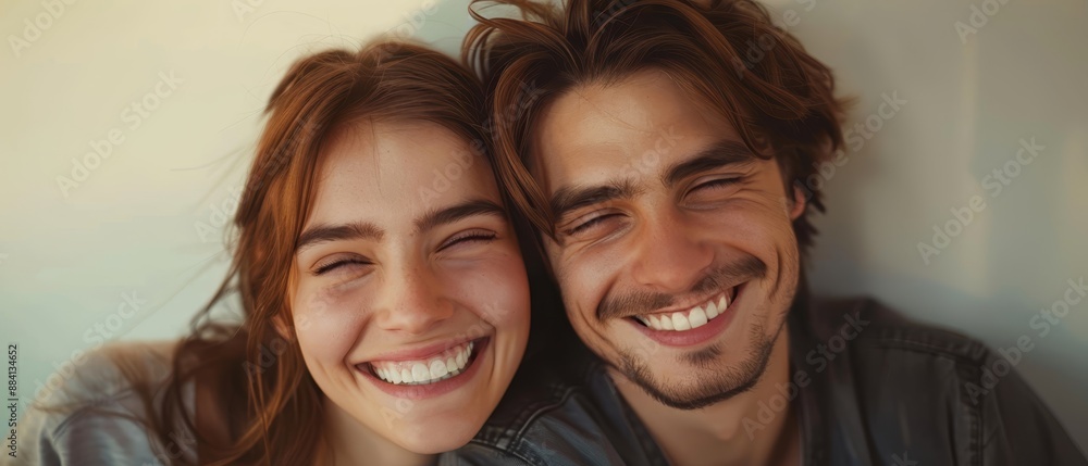 A man and a woman lock gazes, both smiling A man and a woman lock gazes, both smiling