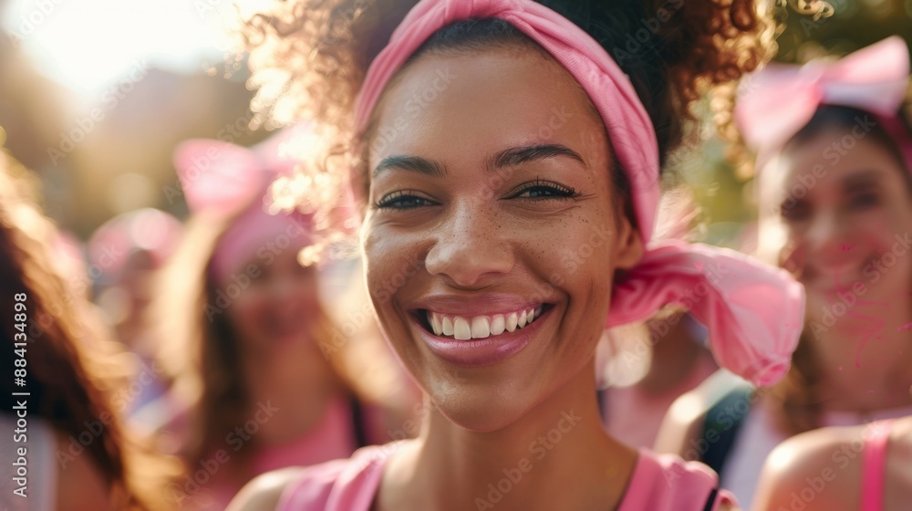 A woman in a pink headband and tank top smiling brightly, surrounded by happy participants at an outdoor event filled with pink decorations, symbolizing joy and togetherness. A woman in a pink headband and tank top smiling brightly, surrounded by happy participants at an outdoor event filled with pink decorations, symbolizing joy and togetherness.