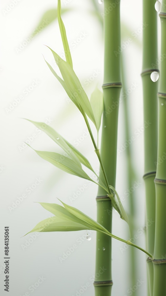 Fototapeta premium Close Up of Fresh Green Bamboo Shoots With Water Droplets on a Sunny Day