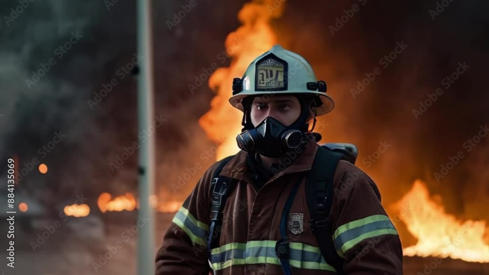 Firefighter Wearing Helmet and Respirator Mask Fighting Fire Firefighter Wearing Helmet and Respirator Mask Fighting Fire