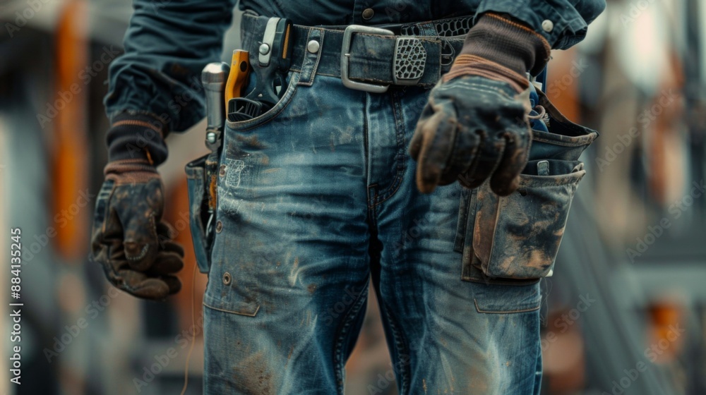 A worker wearing gloves and a utility belt with various tools stands with their hands at their sides, showcasing dirty jeans and a rugged appearance, representing hard work. A worker wearing gloves and a utility belt with various tools stands with their hands at their sides, showcasing dirty jeans and a rugged appearance, representing hard work.