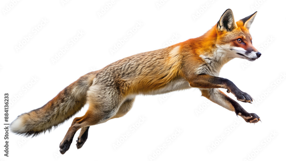 Fototapeta premium a fox leaping to catch its prey isolated on white background