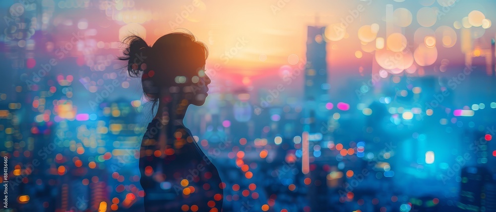 Woman's face in foreground, cityscape in background Woman's face in foreground, cityscape in background