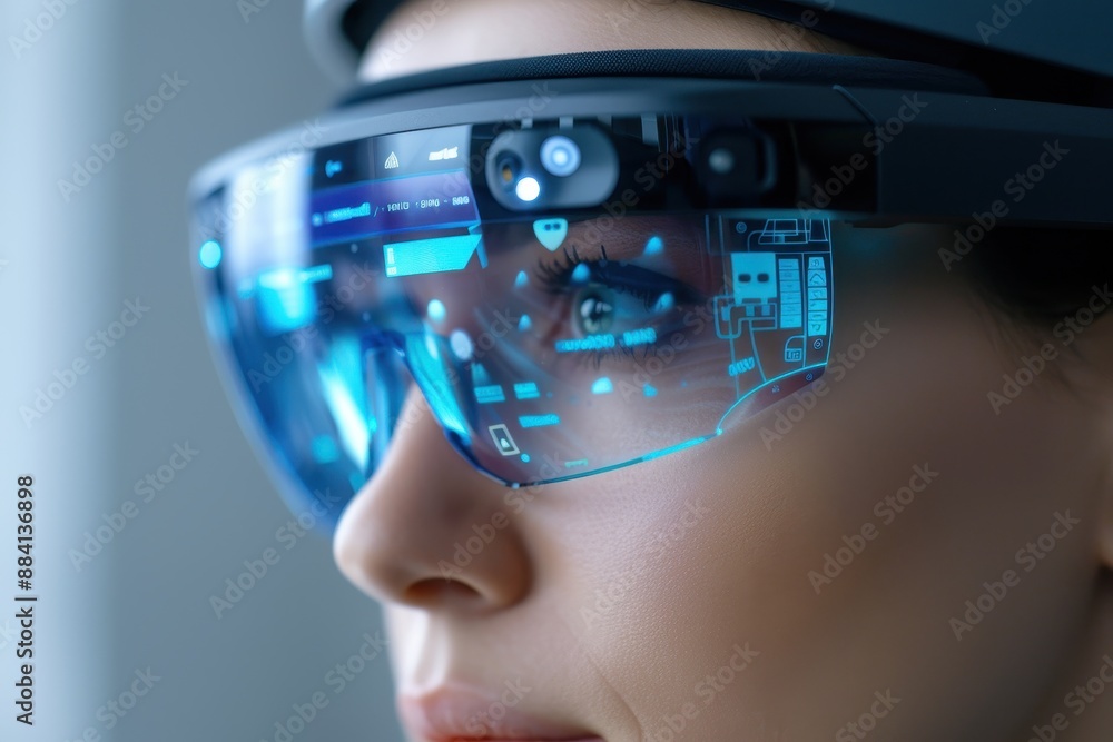 Close-up of a woman wearing augmented reality glasses, displaying digital information overlays, highlighting advanced technology and innovation. Close-up of a woman wearing augmented reality glasses, displaying digital information overlays, highlighting advanced technology and innovation.