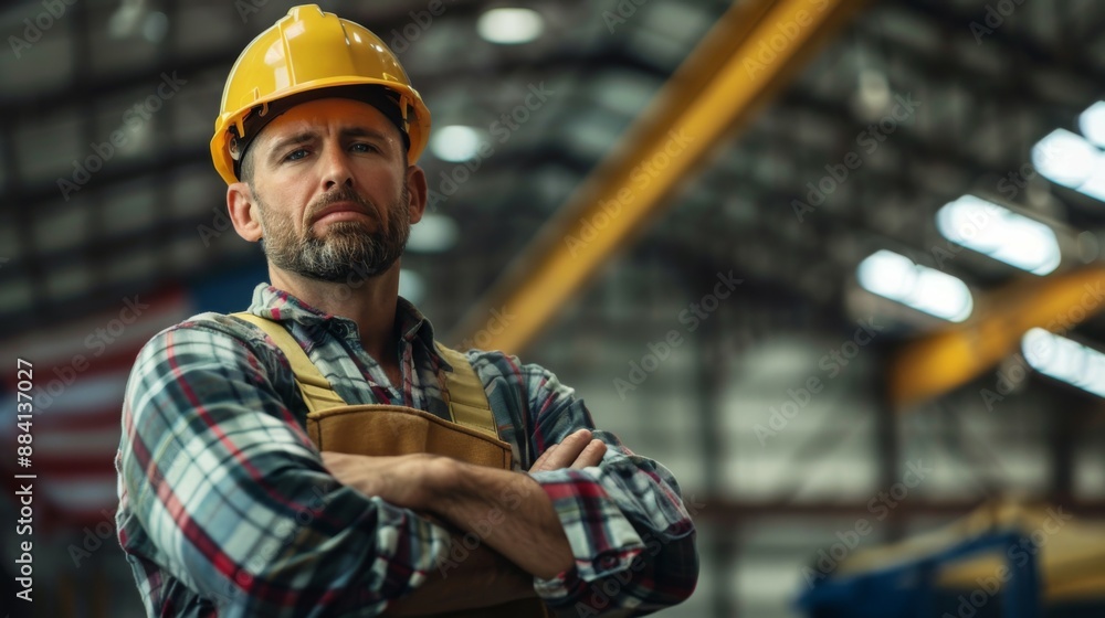 Man wearing a hard hat stands in a warehouse, representing the industrial workforce, work ethic, and resilience in a structured, busy environment. Man wearing a hard hat stands in a warehouse, representing the industrial workforce, work ethic, and resilience in a structured, busy environment.
