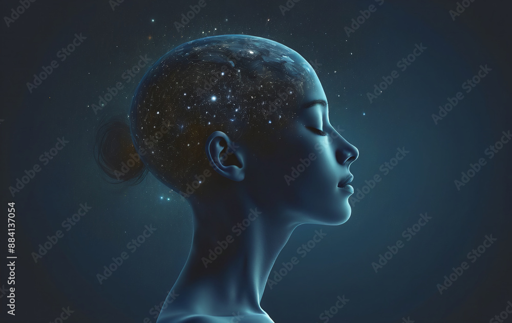 Conceptual depiction of a person absorbed in himself, reflecting with his thoughts on the origin of life in the universe, the meaning of its existence and the past and future Conceptual depiction of a person absorbed in himself, reflecting with his thoughts on the origin of life in the universe, the meaning of its existence and the past and future