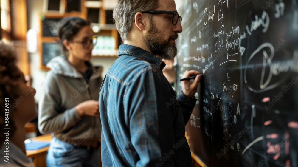 Obraz premium A teacher writes equations on a chalkboard in a classroom while students observe and discuss. The focus is on collaborative learning and detailed academic diagrams.