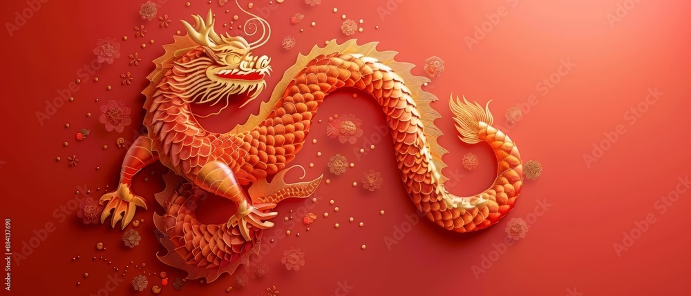 A red dragon atop a red wall Beside it, a golden dragon perches on another red wall A red dragon atop a red wall Beside it, a golden dragon perches on another red wall