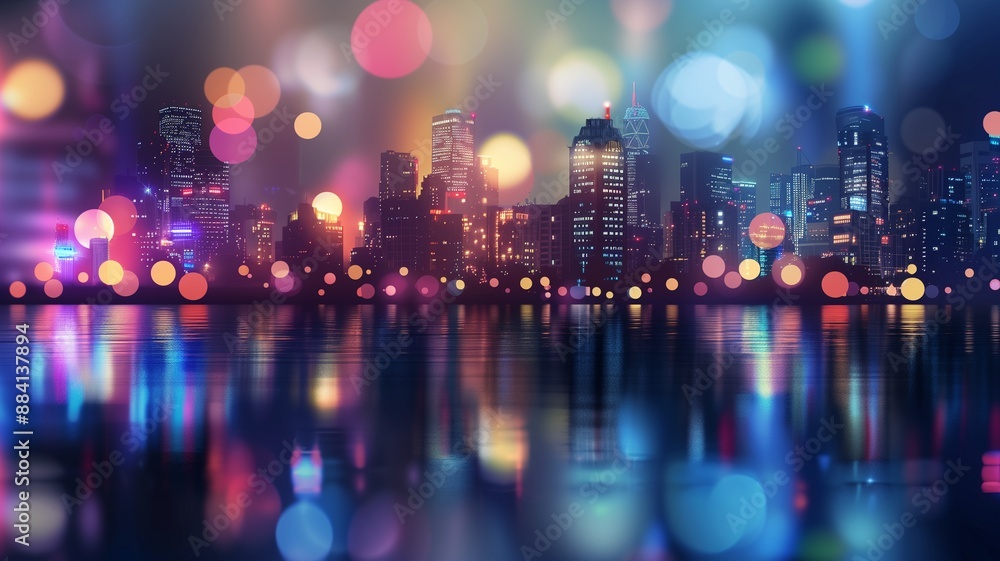 Fototapeta premium A dreamy night scene over a vibrant bokeh lights cityscape. A digital background or element of graphics, for Christmas, Birthday, anniversary party celebration wallpaper with copyspace.