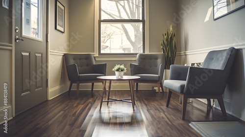 A room with a wooden floor and a large window