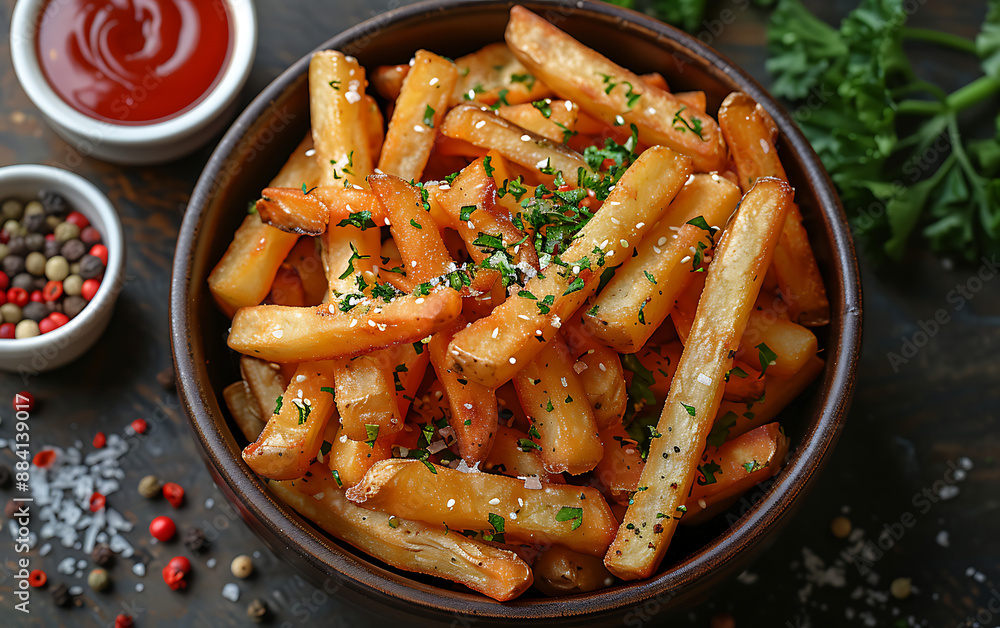 Crispy French Fries with Condiments: Delicious Snack Delight Crispy French Fries with Condiments: Delicious Snack Delight