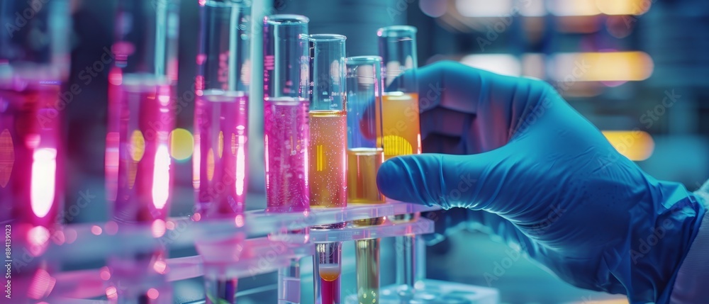 A gloved hand holds a test tube filled with liquid and nearby stands flasks of various colored liquids in a lab A gloved hand holds a test tube filled with liquid and nearby stands flasks of various colored liquids in a lab