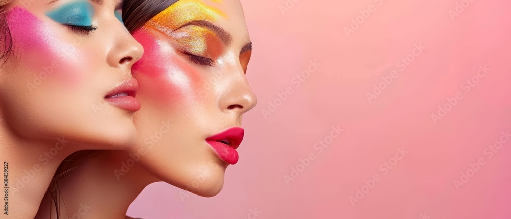 Two lovely young women with vibrant makeup adorn their faces One woman closes her eyes, while the other keeps hers open Two lovely young women with vibrant makeup adorn their faces One woman closes her eyes, while the other keeps hers open