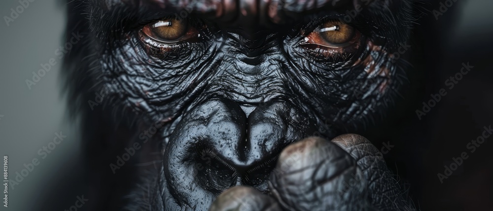A tight shot of a monkey's face with hands positioned in front of it, obstructing its gaze A tight shot of a monkey's face with hands positioned in front of it, obstructing its gaze