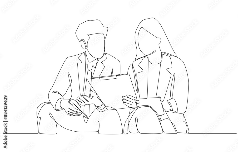 Continuous one line drawing of female office workers holding document to discuss work with male colleague, discussion of work concept, single line art. Continuous one line drawing of female office workers holding document to discuss work with male colleague, discussion of work concept, single line art.