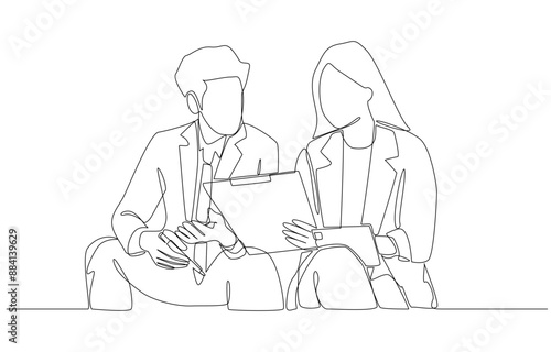 Continuous one line drawing of female office workers holding document to discuss work with male colleague, discussion of work concept, single line art.