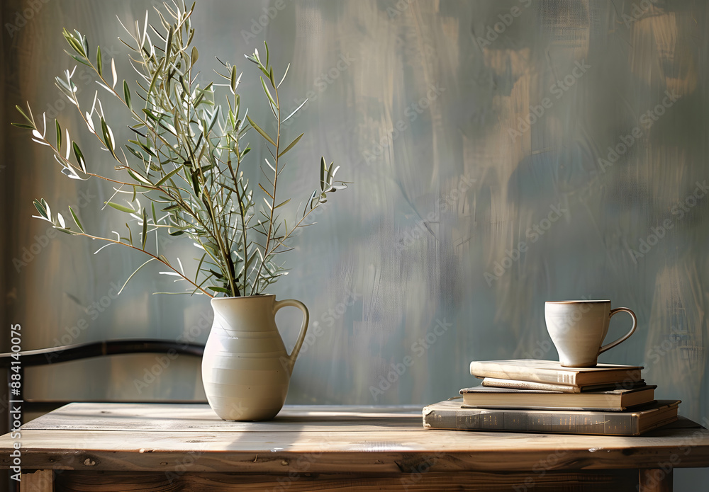A serene, minimalist room with a textured wall, wooden table, vase with olive branches and books. Ideal for home decor or lifestyle designs, copy space available. A serene, minimalist room with a textured wall, wooden table, vase with olive branches and books. Ideal for home decor or lifestyle designs, copy space available.