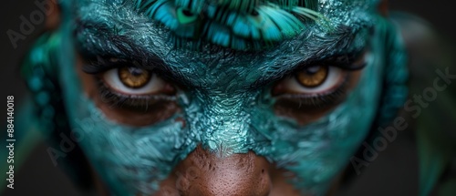  Close-up of a woman's face adorned with blue and green feather paint, extending to her eyes © Jevjenijs
