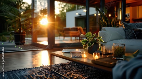 Sustainable living room with upcycled furniture, solar energy gadgets, and a minimalist aesthetic, embodying ecoconsciousness photo