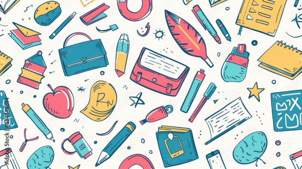 Pastel-colored artistic drawing of various school essentials on a light background, including a briefcase, pen, apple, notebook, and other educational tools. Pastel-colored artistic drawing of various school essentials on a light background, including a briefcase, pen, apple, notebook, and other educational tools.