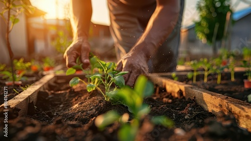 Thriving community garden project in an urban setting, neighbors sharing harvests and gardening tips